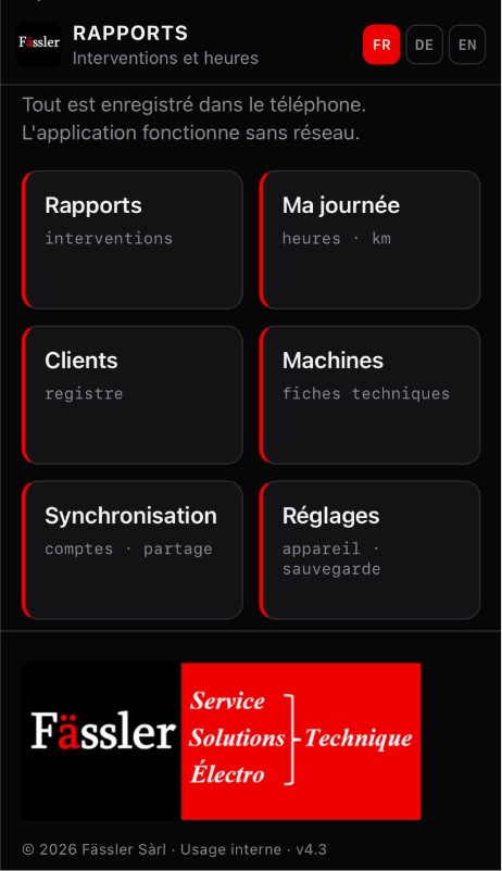 Startbildschirm der Fässler-Rapport-App mit ihren sechs Modulen