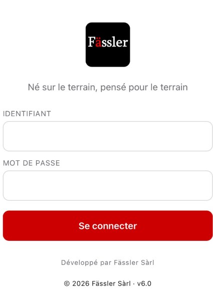 Écran de connexion de Fässler Rapport, avec identifiant et mot de passe