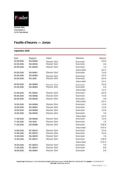 Feuille d'heures mensuelle en PDF, avec le détail par jour, par client et par machine