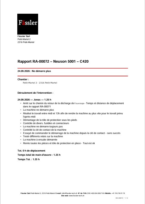 Exemple de rapport d'intervention en PDF, avec en-tête, déroulement et total des heures